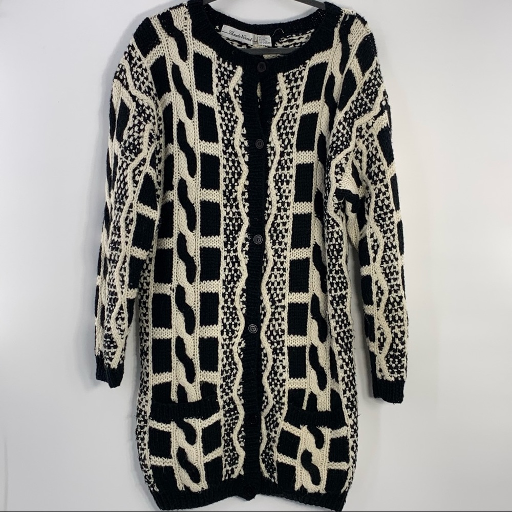 Vintage Claude Vernet Chunky Cable Knit Long Line Full Button Cardigan
